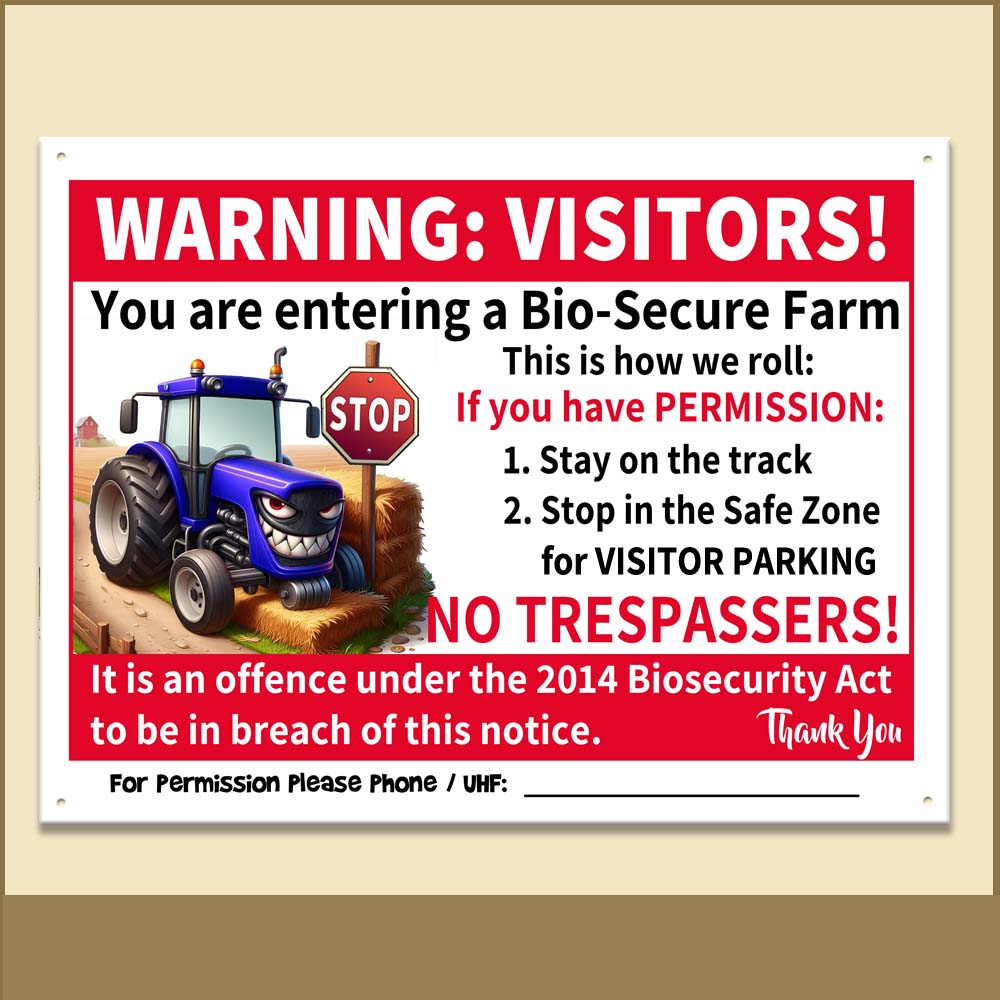 Thumb for Strict Blue Tractor No Trespassers Warning Visitors: You are entering a bio-secure farm. This is how we roll: If you have permission: 1) Stay on the track, 2) Stop in the safe zone for visitor parking. NO TRESPASSERS! It is an offence under the 2014 Biosecurity Act to be in breach of this notice. Thank you. For permission please phone or UHF Channel: