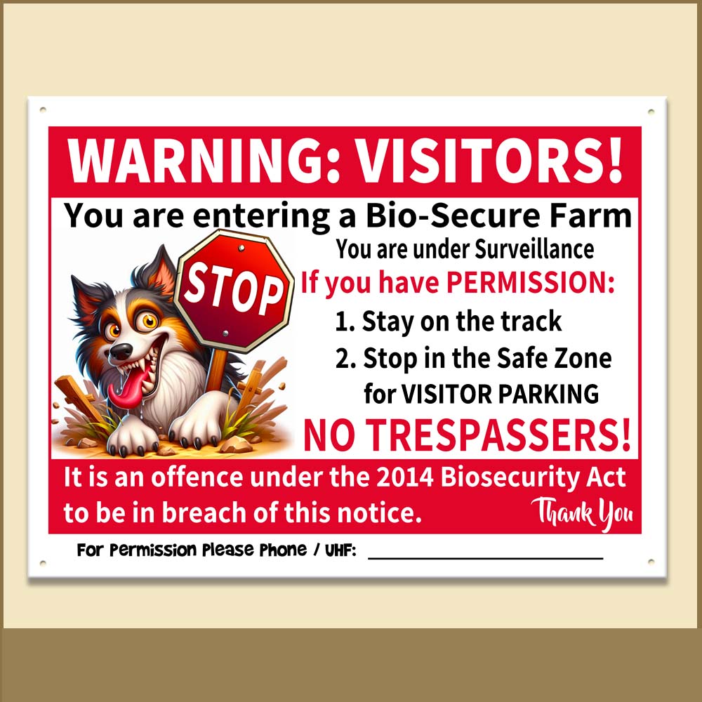 Thumb for Strict Crazy-Eyed Collie BioSecurity and No Trespassers Warning Visitors: You are entering a bio-secure farm. You are under Surveillance. If you have permission: 1) Stay on the track, 2) Stop in the safe zone for visitor parking. NO TRESPASSERS! It is an offence under the 2014 Biosecurity Act to be in breach of this notice. Thank you. For permission please phone or UHF Channel: