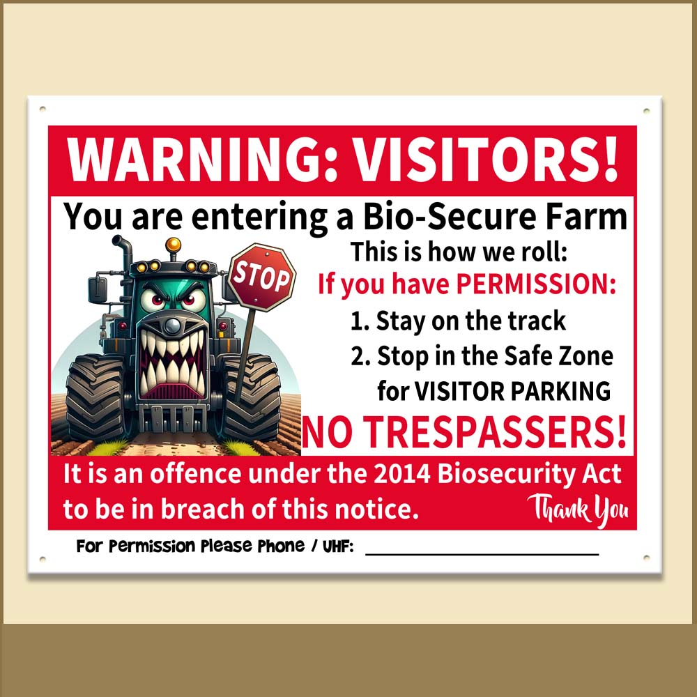 Thumb for Strict Green Tractor No Trespassers Warning Visitors: You are entering a bio-secure farm. This is how we roll: If you have permission: 1) Stay on the track, 2) Stop in the safe zone for visitor parking. NO TRESPASSERS! It is an offence under the 2014 Biosecurity Act to be in breach of this notice. Thank you. For permission please phone or UHF Channel: