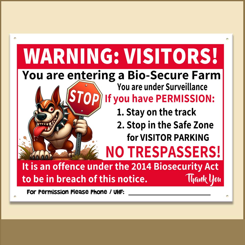Thumb for Strict Brown Guard Dog Warning Visitors: You are entering a bio-secure farm. You are under Surveillance. If you have permission: 1) Stay on the track, 2) Stop in the safe zone for visitor parking. NO TRESPASSERS! It is an offence under the 2014 Biosecurity Act to be in breach of this notice. Thank you. For permission please phone or UHF Channel: