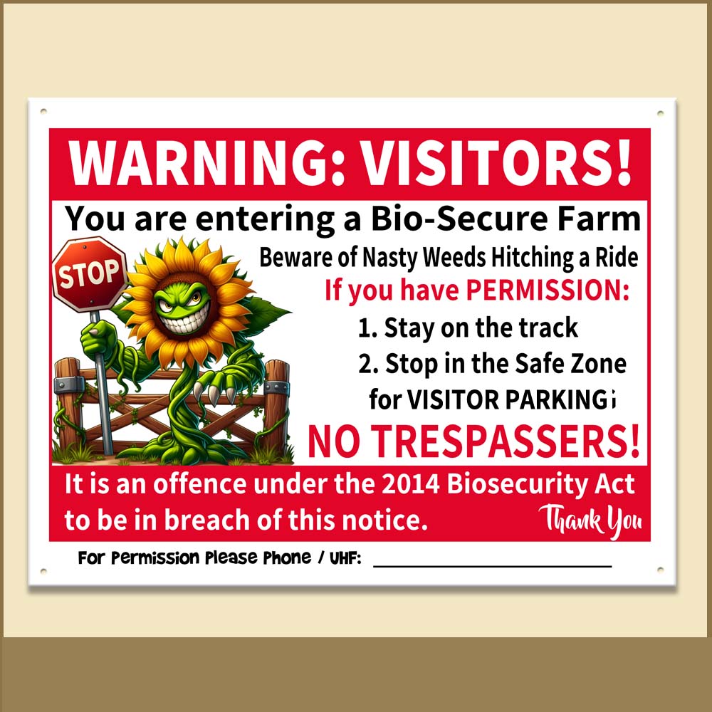 Thumb for Strict Nasty Weed BioSecurity and No Trespassers Warning Visitors: You are entering a bio-secure far, Beware of Nasty Weeds hitching a ride. If you have permission: 1) Stay on the track, 2) Stop in the safe zone for visitor parking. NO TRESPASSERS! It is an offence under the 2014 Biosecurity Act to be in breach of this notice. Thank you. For permission please phone or UHF Channel: