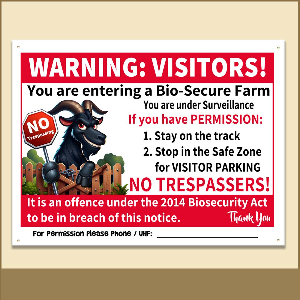 Thumb for Strict Black Goat BioSecurity and No Trespassers Warning Visitors: You are entering a bio-secure farm. NO KIDDING! If you have permission: 1) Stay on the track, 2) Stop in the safe zone for visitor parking. NO TRESPASSERS! It is an offence under the 2014 Biosecurity Act to be in breach of this notice. Thank you. For permission please phone or UHF Channel: