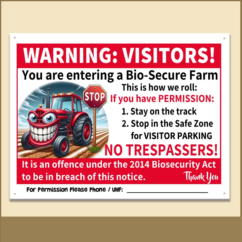Thumb for Strict Red Tractor No Trespassers Warning Visitors: You are entering a bio-secure farm. This is how we roll: If you have permission: 1) Stay on the track, 2) Stop in the safe zone for visitor parking. NO TRESPASSERS! It is an offence under the 2014 Biosecurity Act to be in breach of this notice. Thank you. For permission please phone or UHF Channel: