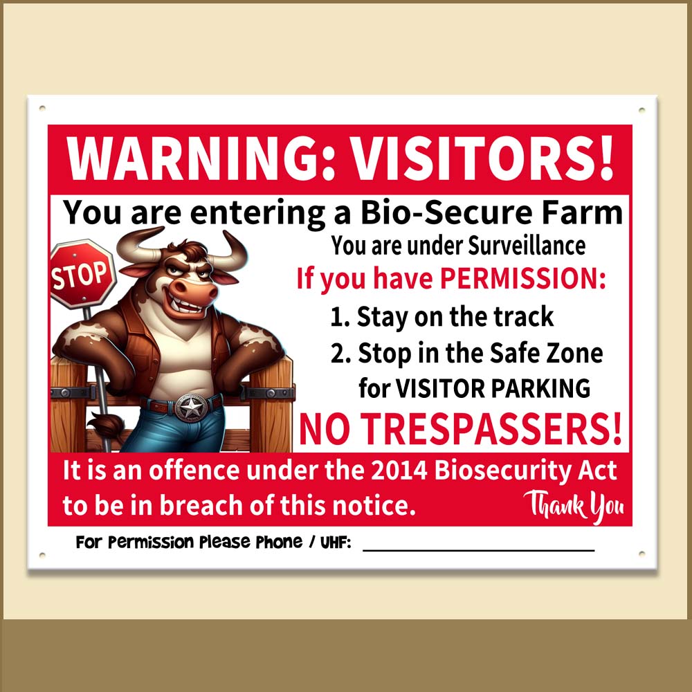 Thumb for Strict Strictest Bull BioSecurity and No Trespassers Warning Visitors: You are entering a bio-secure farm. You are under Surveillance. If you have permission: 1) Stay on the track, 2) Stop in the safe zone for visitor parking. NO TRESPASSERS! It is an offence under the 2014 Biosecurity Act to be in breach of this notice. Thank you. For permission please phone or UHF Channel: