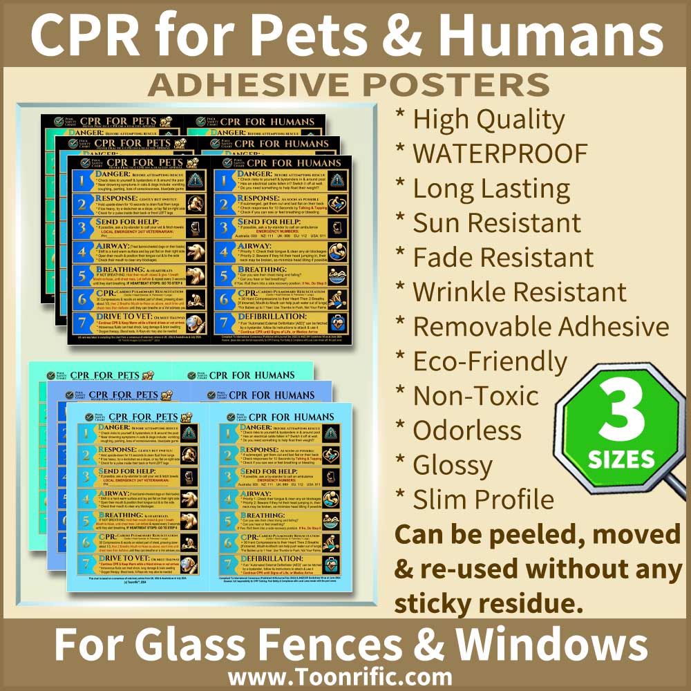 Image Shows 6 Colors of gLOSSY Adhesive Posters of CPR Charts for Pets and Humans, Pets are People Too. Image also lists the details; High Quality, Waterproof, Long Lasting, Sun Resistant, Fade Resistant, Wrinkle resistant, Removable Adhesive, Eco-Friendly, Non-Toxic, Odorless, and has a slim profile which can be repeatedly peeled, moved, and re-used without sticky residue.