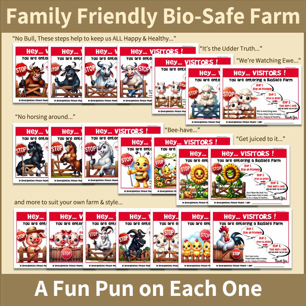 Family-Friendly Bio-Safe Farm Signs (Choose Your Breed, Bees or Crop) Compliant Biosecurity Sign TOON STYLE