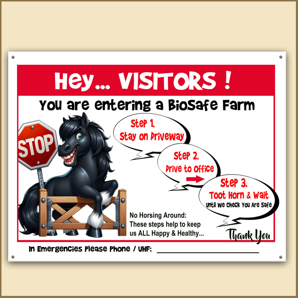Best Biosecurity Farm Sign, Funniest Biosecurity Farm Sign, Funny farm animal meme sign, cute funny farm animal sign, funny smart sign with cle er joke and pun, with 3 steps on how to enter a biosecurity farm, warning sign for visitors, for farms with horses, or a best funny gift for horse owners, unique gift for horse riders, popular gift for horse lovers. Funny horse meme, Black horse