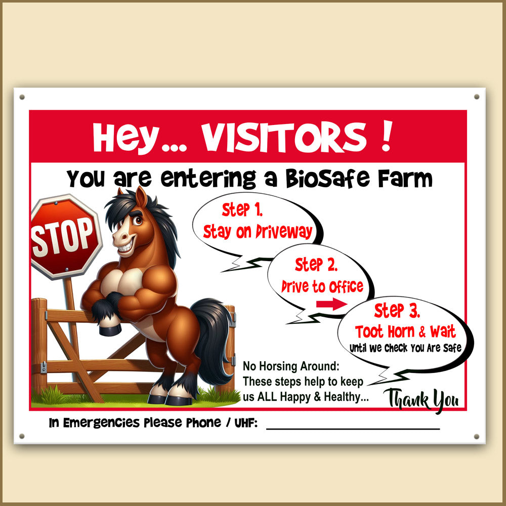 Best Biosecurity Farm Sign, Funniest Biosecurity Farm Sign, Funny farm animal meme sign, cute funny farm animal sign, funny smart sign with cle er joke and funny horse pun, with 3 steps on how to enter a biosecurity farm, warning sign for visitors, farms with horses, or a best funny gift for horse owners, equestrian, unique gift for horse riders, popular gift for horse lovers. Funny horse meme, Brown horse, cute bay horse, cartoon horse, funny brown horse