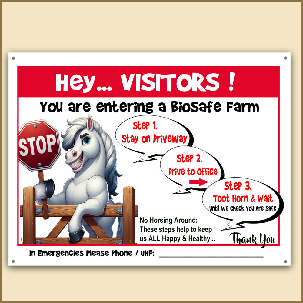 Best Biosecurity Farm Sign, Funniest Biosecurity Farm Sign, Funny farm animal meme sign, cute funny farm animal sign, funny smart sign with cle er joke and pun, with 3 steps on how to enter a biosecurity farm, warning sign for visitors, for farms with horses, or a best funny gift for horse owners, unique gift for horse riders, popular gift for horse lovers. Funny horse meme, White horse, cute white horse, cartoon horse, funny white horse