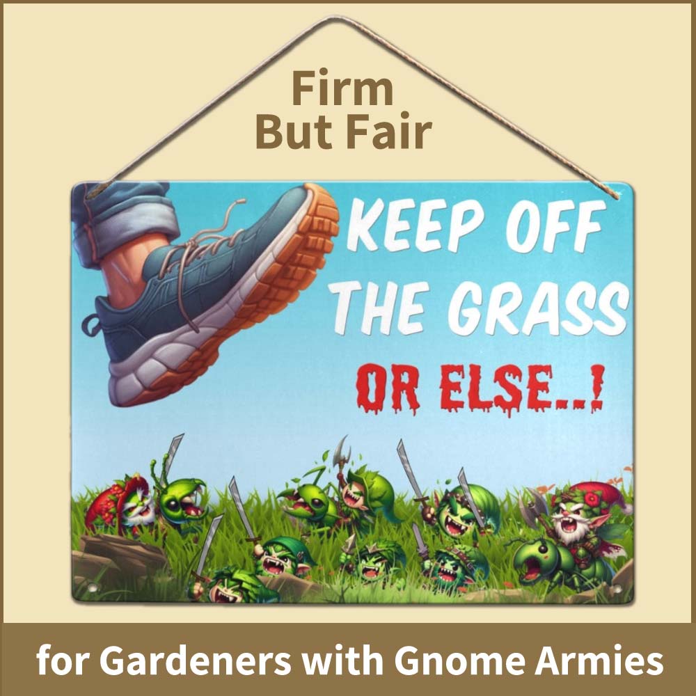 A funny gift for gardeners, this metal tin sign showing a cartoon foot, about to step on grass and be attacked by cute savage little gnomes with swords, riding battle armored green ants. The sign says Keep off the Grass, in a bright cartoon font, but then also warns trespassers with "Or else" written in funny red paint or blood dripping font. The caption says Firm but Fair, for gardeners with gnome armies.
