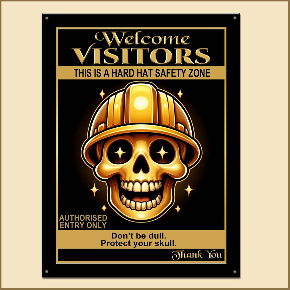 5 Hard Hat Safety Signs from Friendly to Strict for Visitors, Staff and Customers (Metal Sign)