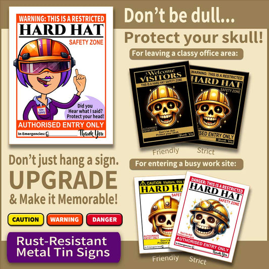 5 Hard Hat Safety Signs from Friendly to Strict for Visitors, Staff and Customers (Metal Sign)