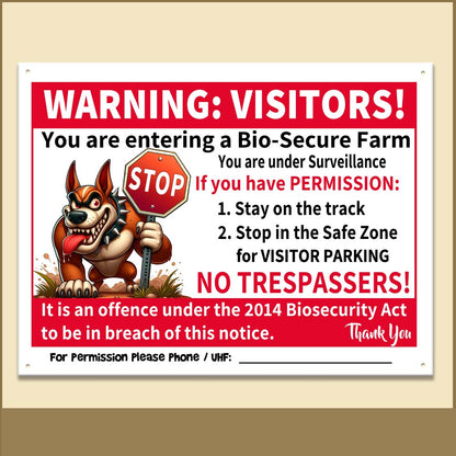 Thumb for Strict Brown Guard Dog Warning Visitors: You are entering a bio-secure farm. You are under Surveillance. If you have permission: 1) Stay on the track, 2) Stop in the safe zone for visitor parking. NO TRESPASSERS! It is an offence under the 2014 Biosecurity Act to be in breach of this notice. Thank you. For permission please phone or UHF Channel: 