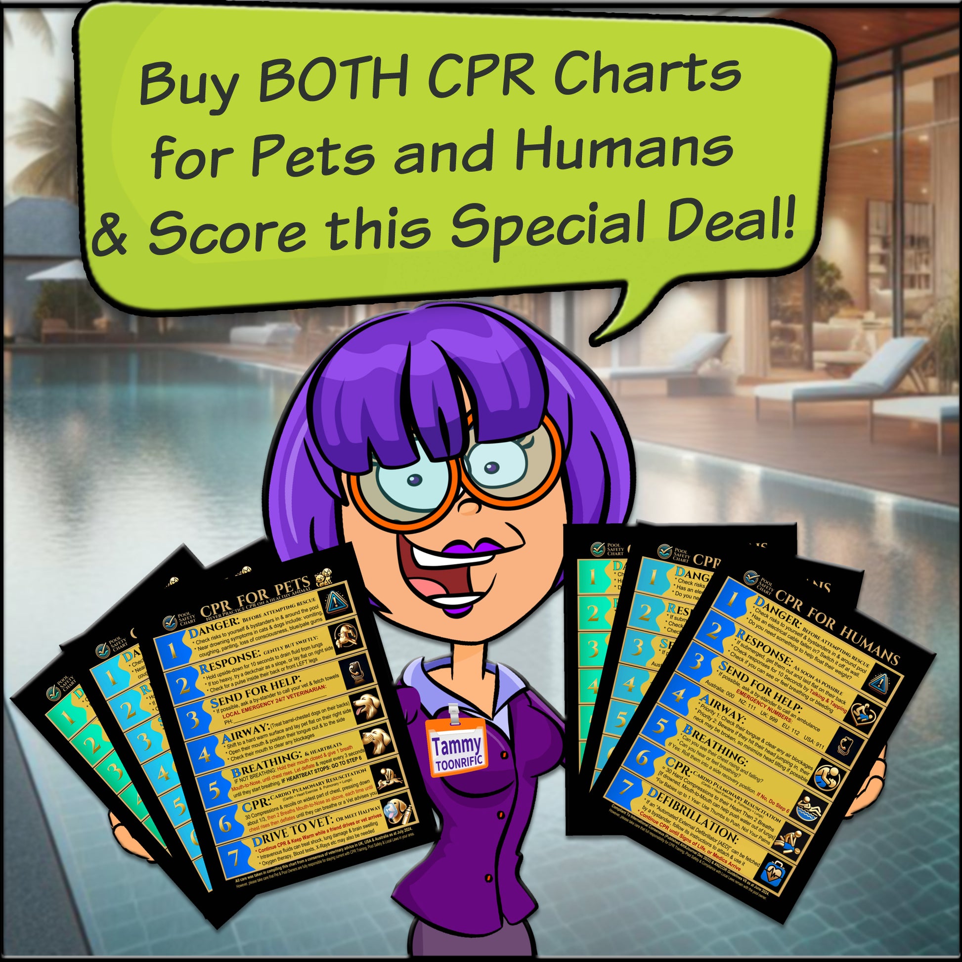 Buy BOTH CPR Charts for Pets and Humans - Pool and Spa Safety Signs - Special Discount Deal Offer