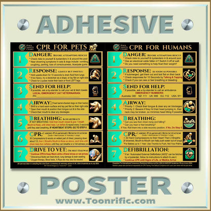 Product Image of Adhesive Poster - CPR for Pets and People on the same Pool Safety Chart - Designer Color Lagoon Green and Gold on Black Copyright Toonrific