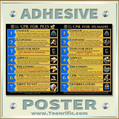 Product Image of Adhesive Poster - CPR for Pets and People on the same Pool Safety Chart - Designer Color Ocean Blue and Gold on Black Copyright Toonrific