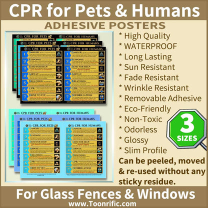 Image Shows 6 Colors of gLOSSY Adhesive Posters of CPR Charts for Pets and Humans, Pets are People Too. Image also lists the details; High Quality, Waterproof, Long Lasting, Sun Resistant, Fade Resistant, Wrinkle resistant, Removable Adhesive, Eco-Friendly, Non-Toxic, Odorless, and has a slim profile which can be repeatedly peeled, moved, and re-used without sticky residue.