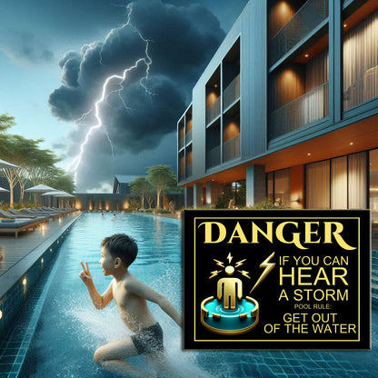 Pool Danger If You Hear Thunder - 2 Options for Children - Durable Metal Tin Sign