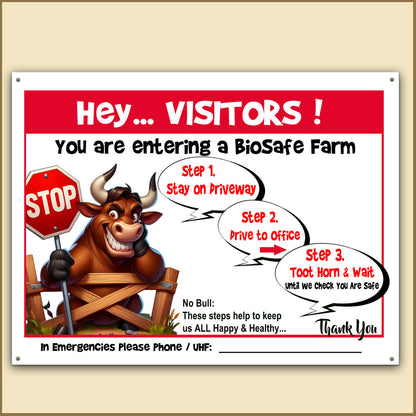 Best Biosecurity Farm Sign, Funniest Biosecurity Farm Sign, Funny farm animal meme sign, cute funny farm animal sign, funny smart sign with joke and funny cow pun, with 3 steps on how to enter a biosecurity farm, warning sign for visitors, farms with cattle, old macdonald had a funny farm, or a best funny gift for cattlemen and bovine owners, cows, bulls, unique gift for cattle breeders, popular gift for cow lovers. Funny  cow meme, Brown cow, cute bull with horns, cartoon horse, funny brown cow, No Bull