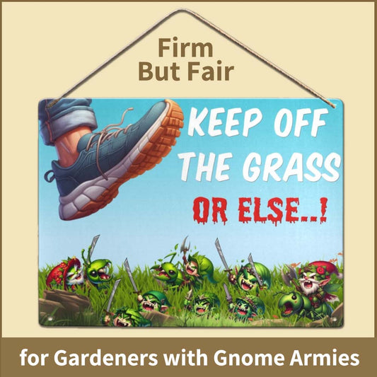 A funny gift for gardeners, this metal tin sign showing a cartoon foot, about to step on grass and be attacked by cute savage little gnomes with swords, riding battle armored green ants. The sign says Keep off the Grass, in a bright cartoon font, but then also warns trespassers with "Or else" written in funny red paint or blood dripping font. The caption says Firm but Fair, for gardeners with gnome armies.