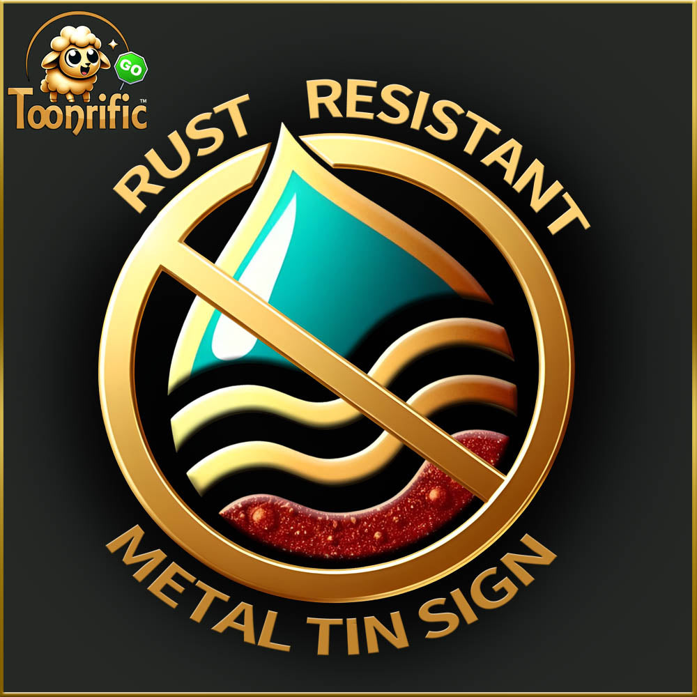 Toonrific Logo with classy unique icon of a water droplet with a rusty metal bottom, crossed out inside a golden circle and the slogan "Rust Resistant Metal Tin Sign"