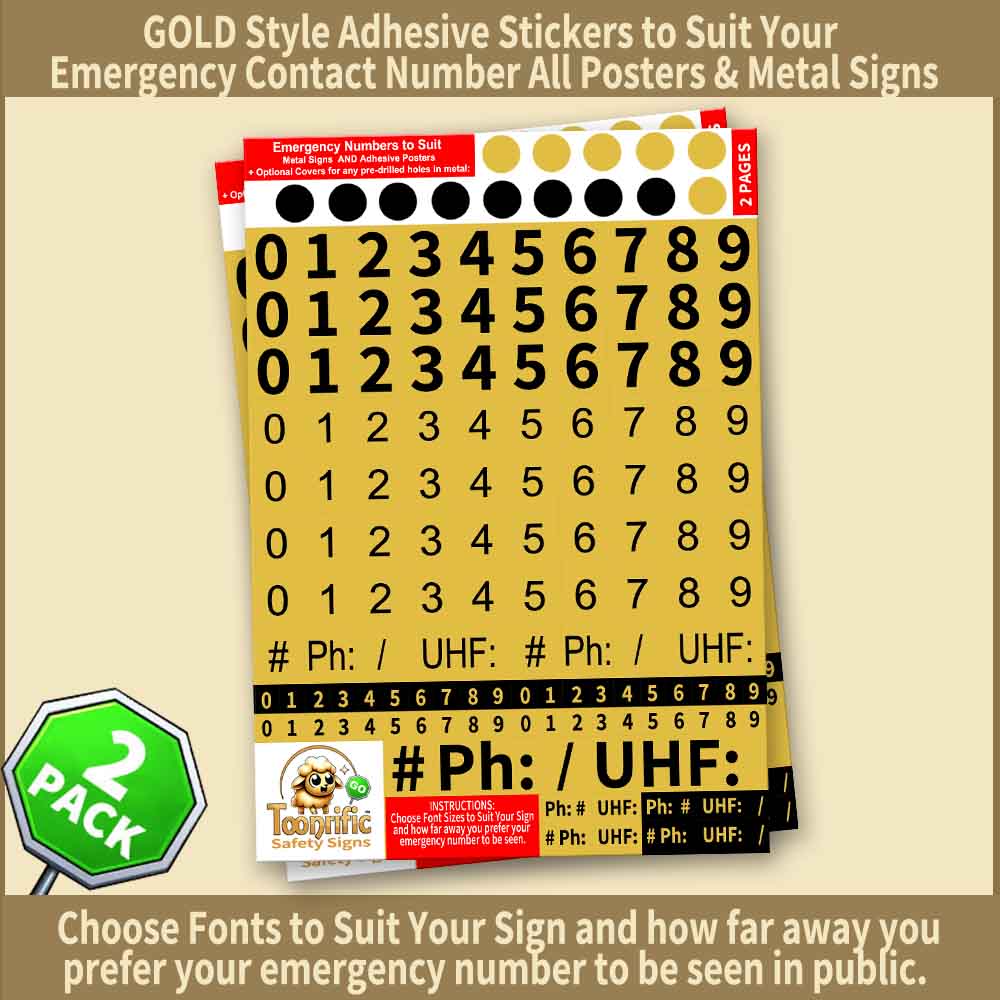 Gold Style Adhesive Sickers to Suit your emergency contact number for ALL posters and metal signs Choose fonts to suit your sign and how far away you prefer your emergency number to be seen in public. GOLD STYLE 3 Fonts Pack