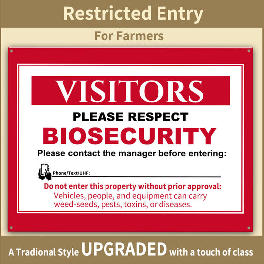 Restricted Entry Security Gate Sign for Farmers. "Visitors please respect Biosecurity. People contact the manager before entering. Do not enter this property without prior approval: Vehicles, people, and equipment can carry weed-seeds, pests, toxins, or diseases." A Traditional Industrial Style, UPGRADED with a touch of class.