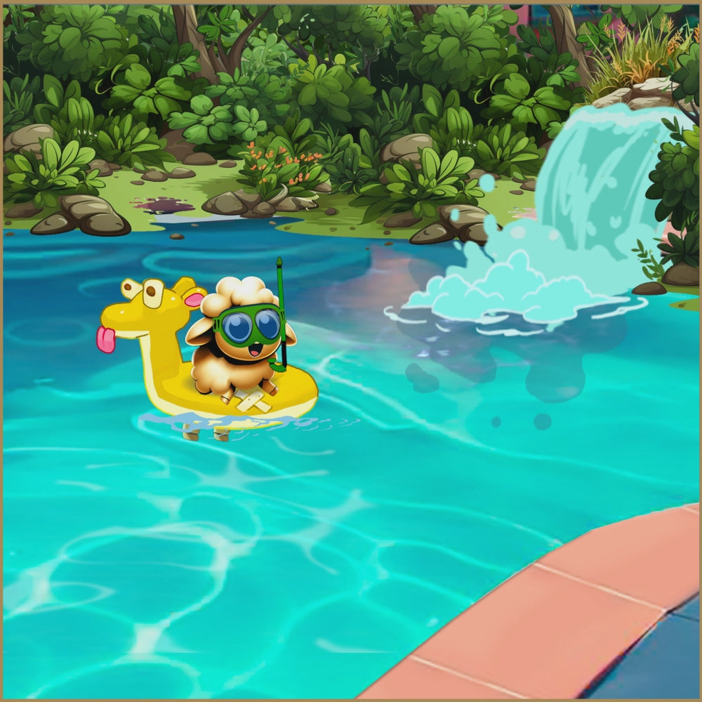 A cute funny looping animation of Lambsfry the golden fleeced lamb from the Toonrific Logo, learning why he should not keep swimming in a pool when a thunder storm is coming.